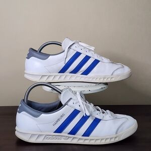 Adidas Originals Hamburg Low Leather Trainers Sneakers White/Blue US 9 ; UK 8.5